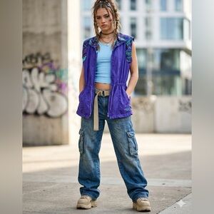 Vintage 90s Reebok Windbreaker M Purple Teal Colorblock Y2K Cinch Waist Retro